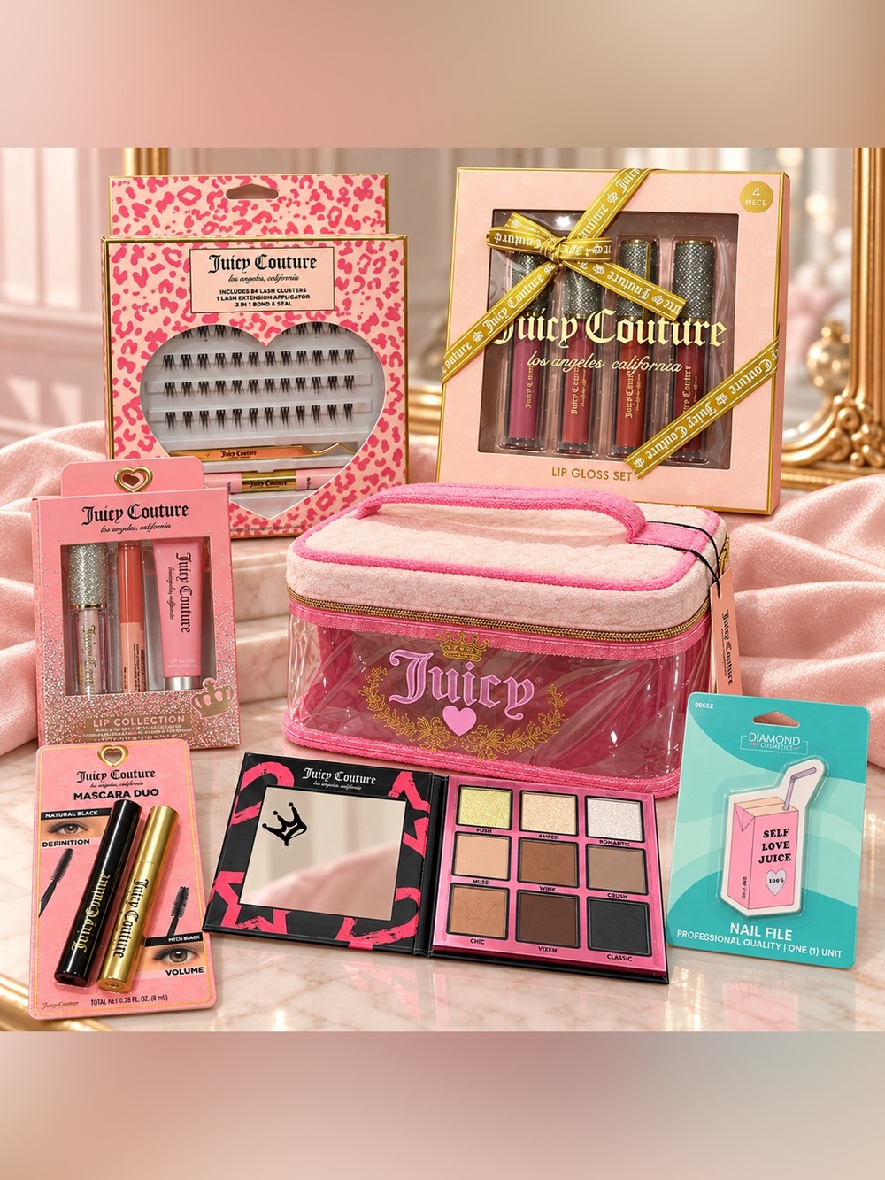 Juicy Couture Pink Clear Travel Makeup Case and Makeup bundle